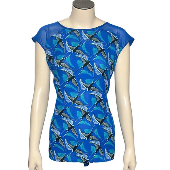 CCC Retro Blue Bird Print Blouse Mesh Cap Sleeve Mod Top Artsy Vintage Style Med - Picture 1 of 10